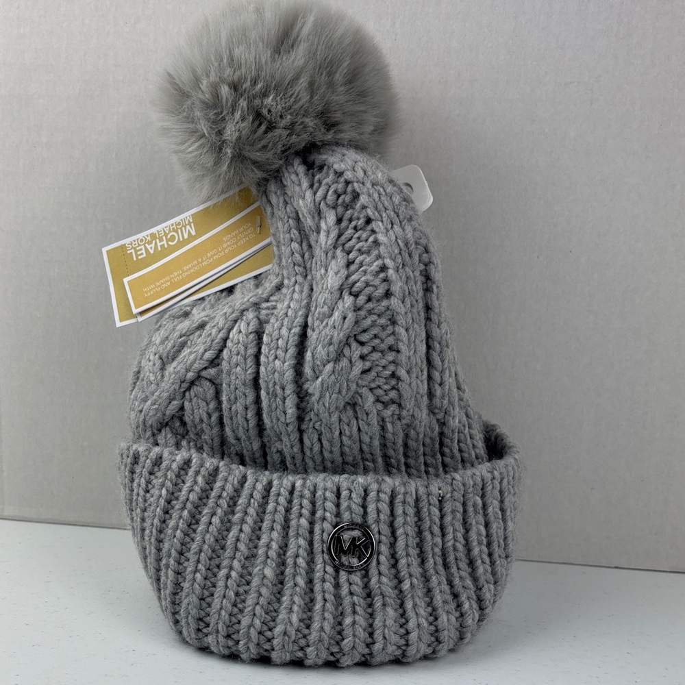Michael Kors Kids' Gray Cable Knit Beanie with Pom-Pom. Fleece lined